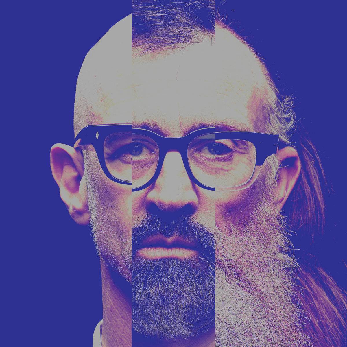 Cover of Entity by Neil Cowley Trio, featuring the faces of each band member melded together on a dark blue background and with a blue-ish tint.